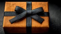 Orange gift box with black ribbon bow on dark background for holiday celebrations and special occasions.