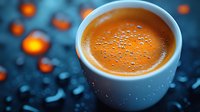 Fresh carrot juice with natural foam bubbles in white ceramic cup on dark blue background with orange bokeh lights, healthy detox drink macro shot.