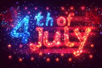 Glowing neon text 4th of July with stars and fireworks on dark background, patriotic celebration design in red white and blue colors.