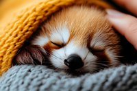 Sleeping red fox wrapped in cozy yellow knitted blanket and gray wool scarf, close-up portrait showing peaceful expression and fluffy fur texture.