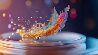 Magical glowing particles and colorful light trails rising from glass jar surface against dark background with bokeh effect, creating ethereal atmosphere.