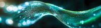 Abstract digital wave with glowing green particles flowing on dark background, creating futuristic technology visualization for data concept design.