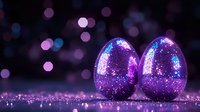 Magical glowing purple easter eggs with sparkles and bokeh lights on dark background. Festive holiday decoration with mystical atmosphere.