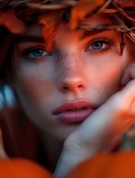 Young woman with striking blue eyes and freckles surrounded by vibrant autumn leaves creating warm orange lighting and dreamy atmospheric portrait.