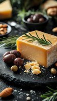 Aged cheese block with rosemary sprig, olives and almonds on dark stone background. Gourmet Mediterranean appetizer composition with fresh herbs and nuts.