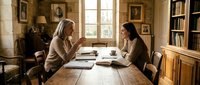 Two professional women having business meeting in elegant vintage office with wooden furniture and classic decor discussing documents and strategy.