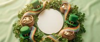 Overhead view of leprechaun hats, coins, and shamrock decorations arranged in circle around blank white space on green background for St. Patrick's Day designs.