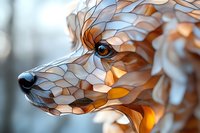 Artistic polygonal fox head with glowing orange and blue geometric shapes creating modern low poly animal portrait against blurred background.
