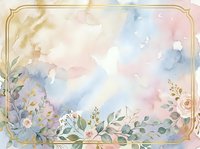 Watercolor floral background with soft pastel colors, delicate flowers and foliage in corners, gold decorative frame border, isolated on white for design projects.