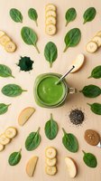 Green smoothie with fresh spinach leaves, banana slices, and superfood ingredients arranged on beige background for healthy nutrition and wellness content.