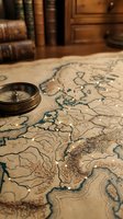 Vintage compass on antique world map with old books in background creating atmospheric scene for navigation, exploration and historical research projects.