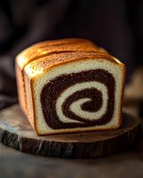Freshly baked chocolate swirl bread loaf sliced on wooden board showing spiral pattern inside for bakery menu and food photography.