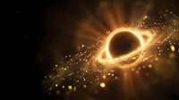 Golden black hole with bright accretion disk and particle streams creating dramatic cosmic light effects against dark space background for astronomy content.