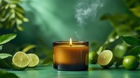 Aromatic candle in dark glass holder with fresh cut limes and tropical leaves on green background, smoke rising from flame creates relaxing spa atmosphere.