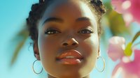 Young African American woman with natural hair and gold hoop earrings gazing upward in sunlight, pink flowers in soft focus background, glowing skin and glossy lips.