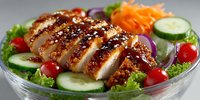 Glazed grilled chicken breast slices on fresh mixed salad with vegetables, carrots and cherry tomatoes for healthy dining and restaurant menu.