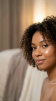 Young African American woman with curly hair smiling naturally in soft warm lighting for beauty and wellness content.