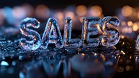 Glowing blue SALES text on dark background with water drops and bokeh lights creating dramatic retail atmosphere for promotional designs.
