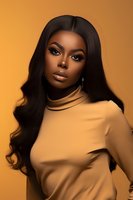 Young African American woman with long dark wavy hair wearing beige turtleneck against warm orange background, showcasing glamorous makeup and professional styling.