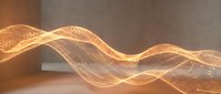 Golden flowing wave mesh lines creating dynamic motion and energy against neutral background for design and technology projects.