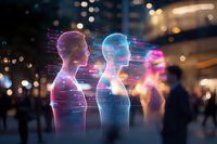 Glowing digital human silhouettes with wireframe texture against blurred city background showcase artificial intelligence and future technology advancement.