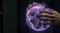 Hands holding glowing purple planet with electric energy effect, representing global connection, technology innovation, and sustainable future for business and environmental concepts.