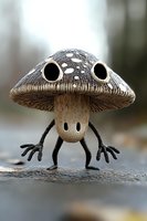Whimsical mushroom character with big round eyes and tiny arms standing on wet surface, fantasy forest creature design for children's book illustration and decoration.