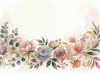 Watercolor floral border with peonies, roses, and golden swirls on a light background, perfect for wedding invitations and greeting cards.