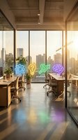 Modern office workspace with neon glowing icons representing gear, lightbulb, growth arrow, and brain symbols floating above desks. Sunlit high-rise interior with city skyline view through floor-to-ceiling windows, potted plants, wooden furniture, and contemporary design elements for business innovation concepts.