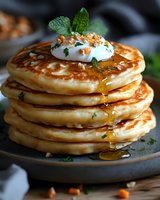 Stack of fluffy buttermilk pancakes topped with whipped cream, crushed nuts, fresh mint leaves and drizzled with golden maple syrup on gray ceramic plate.