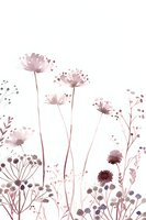 Delicate pink and mauve wildflowers silhouettes on white background, watercolor style botanical illustration with soft transparent petals and stems.
