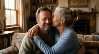 Happy mature couple embracing intimately in cozy home interior with warm natural lighting and rustic decor elements creating romantic atmosphere.