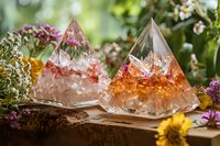 Crystal pyramid shapes with pink and orange hues on wooden surface surrounded by wildflowers and natural elements in mystical garden setting.