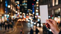 Close-up of hand holding blank white card against blurred urban street with evening lights, bokeh cityscape, and crowds for advertising mockup.