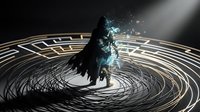 Dark silhouette of person with glowing blue particles emerging from circular light maze pattern on black background for fantasy and mystery concepts.