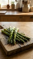 Fresh green asparagus spears with herbs on rustic wooden cutting board in warm kitchen setting for healthy cooking and meal preparation.