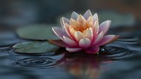 Pink water lily floating on dark water with lily pads, creating ripples and reflections in serene pond environment.