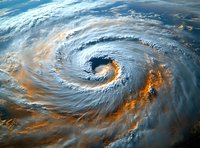 Dramatic aerial view of massive hurricane spiral formation from space with golden sunlight reflecting off clouds, showing powerful weather system over ocean surface.
