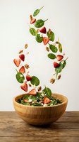 Fresh strawberry spinach salad ingredients falling into wooden bowl on rustic table. Healthy eating concept with flying greens, berries and nuts.