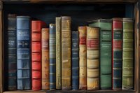 Vintage hardcover books arranged on wooden shelf showing spines in various colors including blue, red, and green, creating nostalgic library atmosphere.
