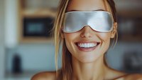 Young woman wearing silver eye mask smiling in modern kitchen setting for relaxation and self-care wellness routine at home.
