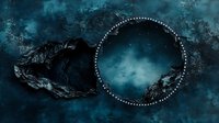 Mystical dark portal with glowing dots forming circle against dramatic night sky and rocky mountains in deep blue tones, fantasy landscape background.