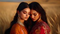 Two young South Asian women in traditional ornate clothing and jewelry sharing intimate moment in golden desert landscape at sunset for cultural fashion photography.