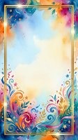 Colorful watercolor frame with gold border, swirling flourishes, stars and botanical elements on isolated white background. Perfect for invitations, greeting cards, posters and design projects.