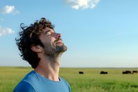Middle Eastern man with curly dark hair and beard wearing blue t-shirt breathes deeply with eyes closed against blue sky, green prairie landscape with grazing buffalo herd.