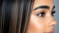 Close up portrait of young Hispanic woman with flawless glowing skin, long dark straight hair, and natural makeup showing side profile against dark background.