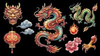 Colorful Chinese dragon set with lantern, dragon mask, peony, fire, and clouds, isolated on transparent background. Great for stickers, sublimation, t-shirt design.