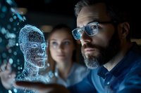 Bearded Caucasian male scientist in glasses examining holographic human head model with female colleague in modern laboratory for medical research.