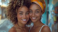 Two young African American women with natural curly hair and bright smiles, one wearing orange headwrap, posing together in warm lighting against blurred background.