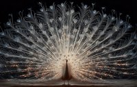 Majestic white peacock displaying luminous feathers in full fan against dark background, creating dramatic silhouette with glowing plumage effect.